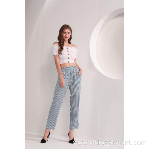 Stripe Ankle Pants Women's Blue and White Stripe Pants Factory